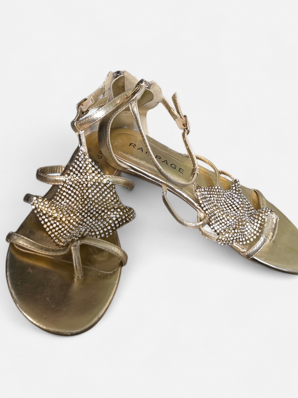 Rampage Women's Gold Rhinestone T-Strap Sandals Bling Gladiator